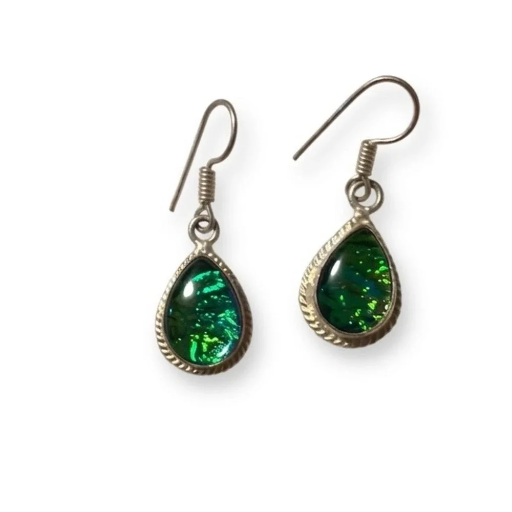 Vtg 925 Sterling‎ Silver Green Dichroic Glass Necklace Bracelet Earrings Set